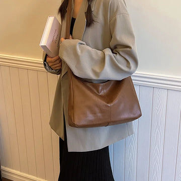 Qfdian PU Leather Women Tote Bags Commuter Fashion Vintage Casual Shoulder Bag Maillard Stylish Crossbody Bags for Ladies Handbags